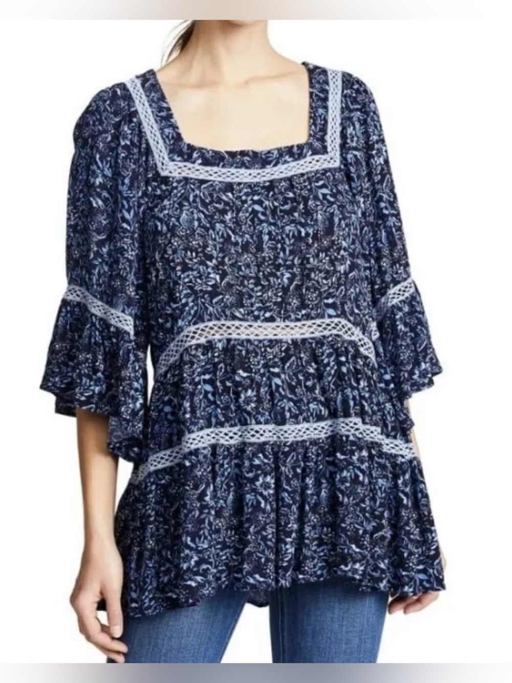 Free People Navy & Light Blue Floral Square-Neck Tiered Tunic - Size L